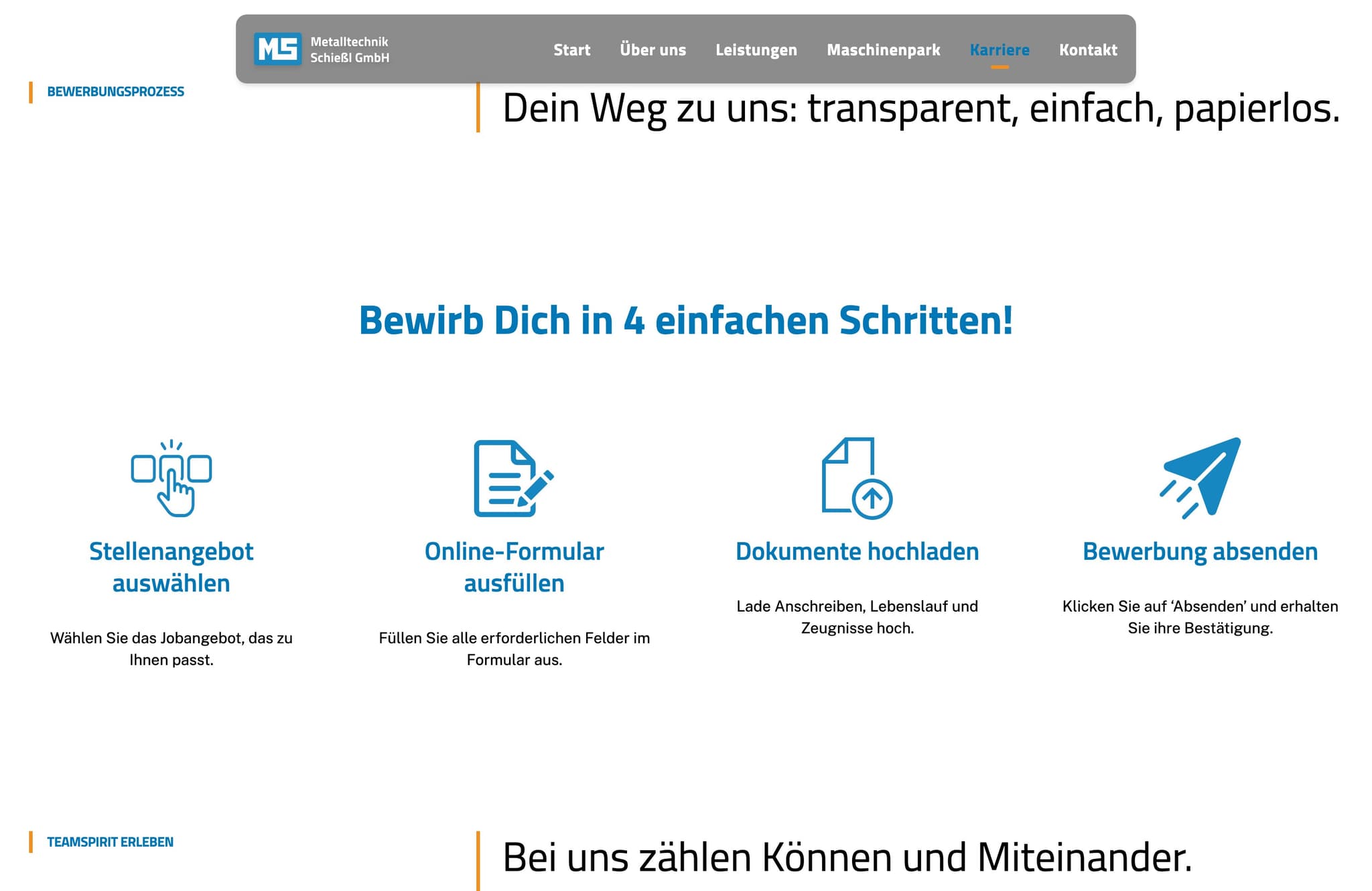 Bewerbungsweg in vier Schritten: Stellenangebot auswählen, Online-Formular ausfüllen, Dokumente hochladen, Bewerbung absenden